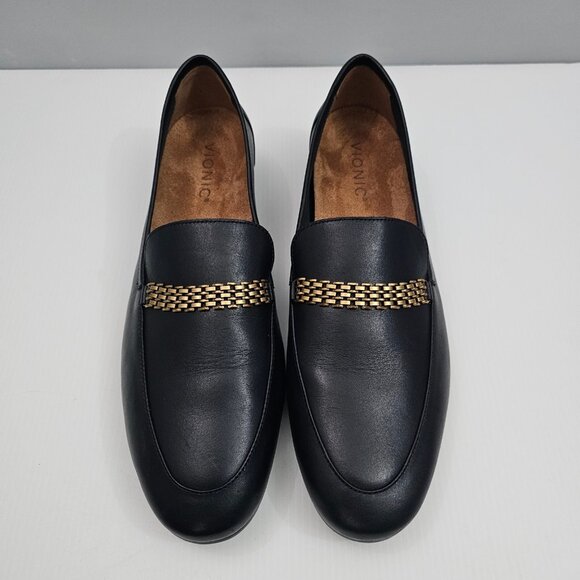 Vionic Charlotte Flat Loafer Womens 9.5 Black Leather Gold Chain Comfort Work - Picture 4 of 13